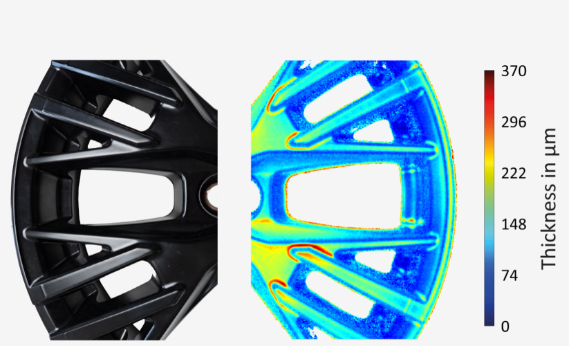 Powder coated wheel with thickness heat map from AIM CoatPro XD