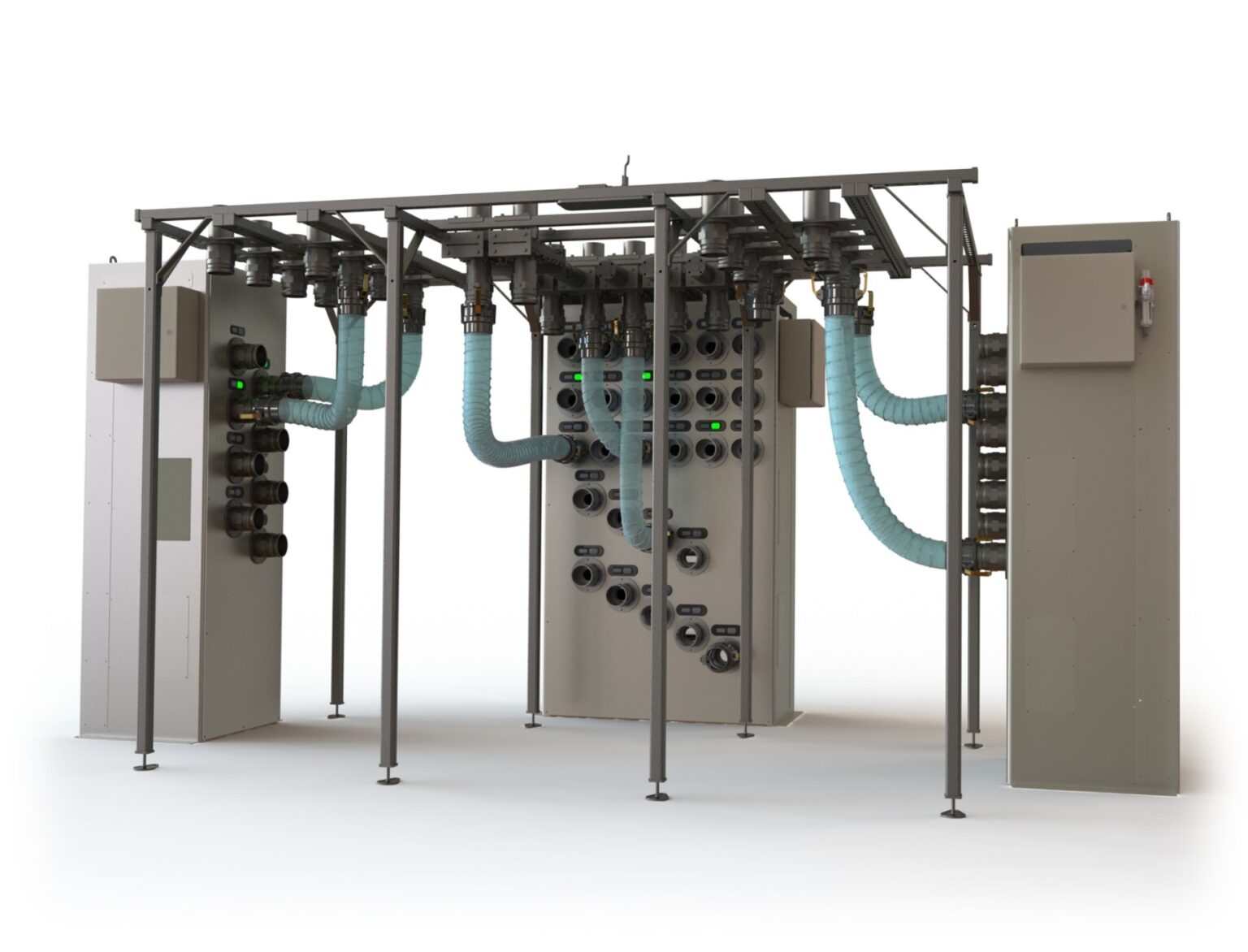 Central plastic resin selection stations with organized hose routing