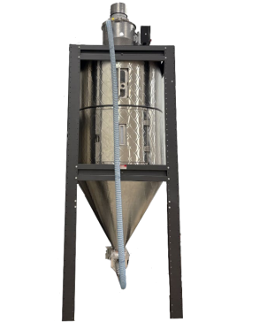 PET regrind material containing fines, additives, and contamination that can contribute to dryer fouling and residue buildup