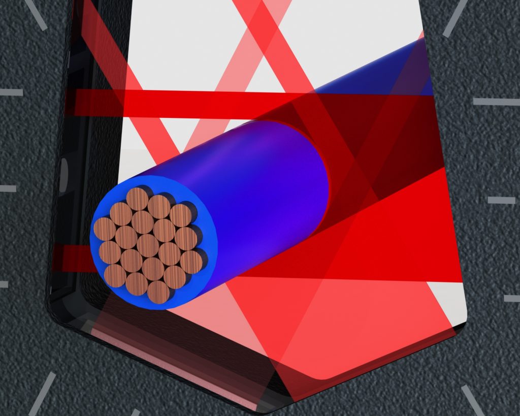 A LaserLinc triple-axis laser micrometer measuring the outside diameter (OD) of a coated cable.