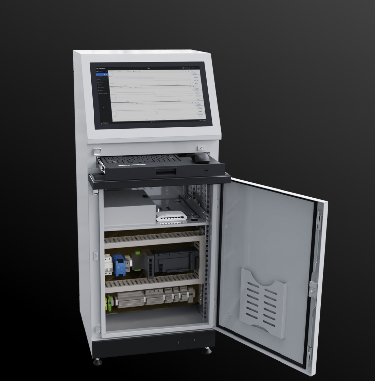 Open Scantech console cabinet showing its HMI and internal I O plate