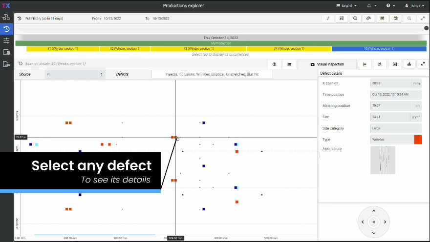 Scantech SHF3 VI software view showing web defect events and selected defect details