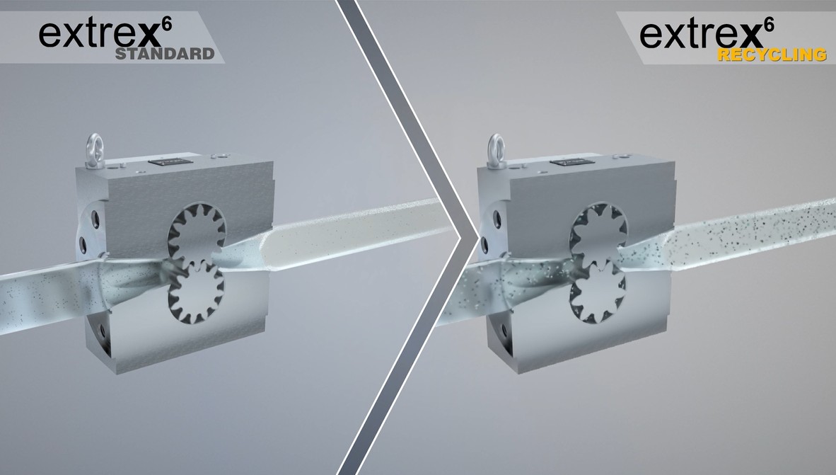 Cutaway view of MAAG x6 melt pumps: one configured for virgin polymer processing (left) and the other optimized for recycled polymers (right).Courtesy: MAAG